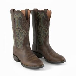 Justin Western Stampede Durant Cowboy Boots Brown Leather Embroidered Size 7.5B